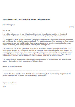 Staff Confidentiality Letters and Agreement
