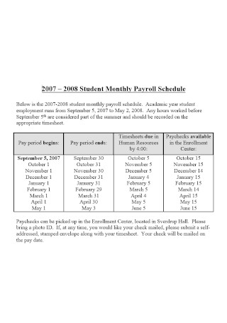Student Monthly Payroll Schedule