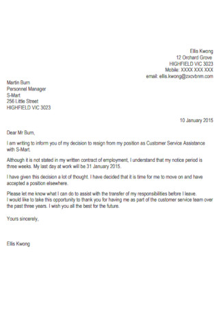 Two Weeks Notice Period Resignation Letter