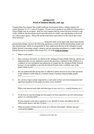Affidavit Proof of Student Identity and Age Template