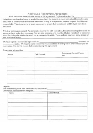 Apartment and House Roommate Agreement