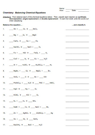 Balancing Chemistry Chemical Equations Worksheet