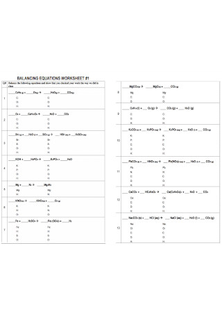 Balancing Equations Worksheets in PDF