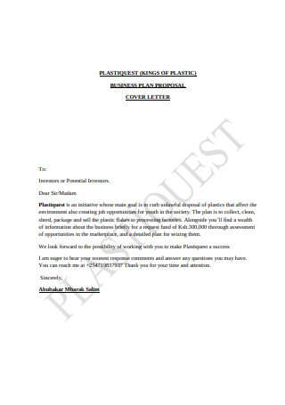 Business Plan Proposal Cover Letter
