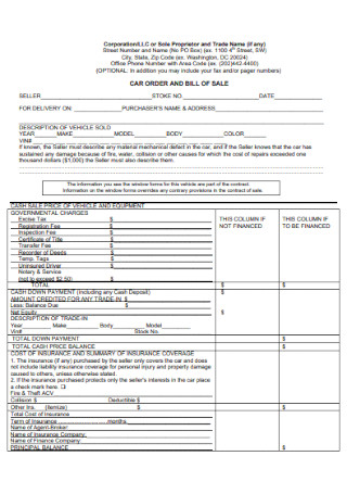 Car Bill of Sale Contract