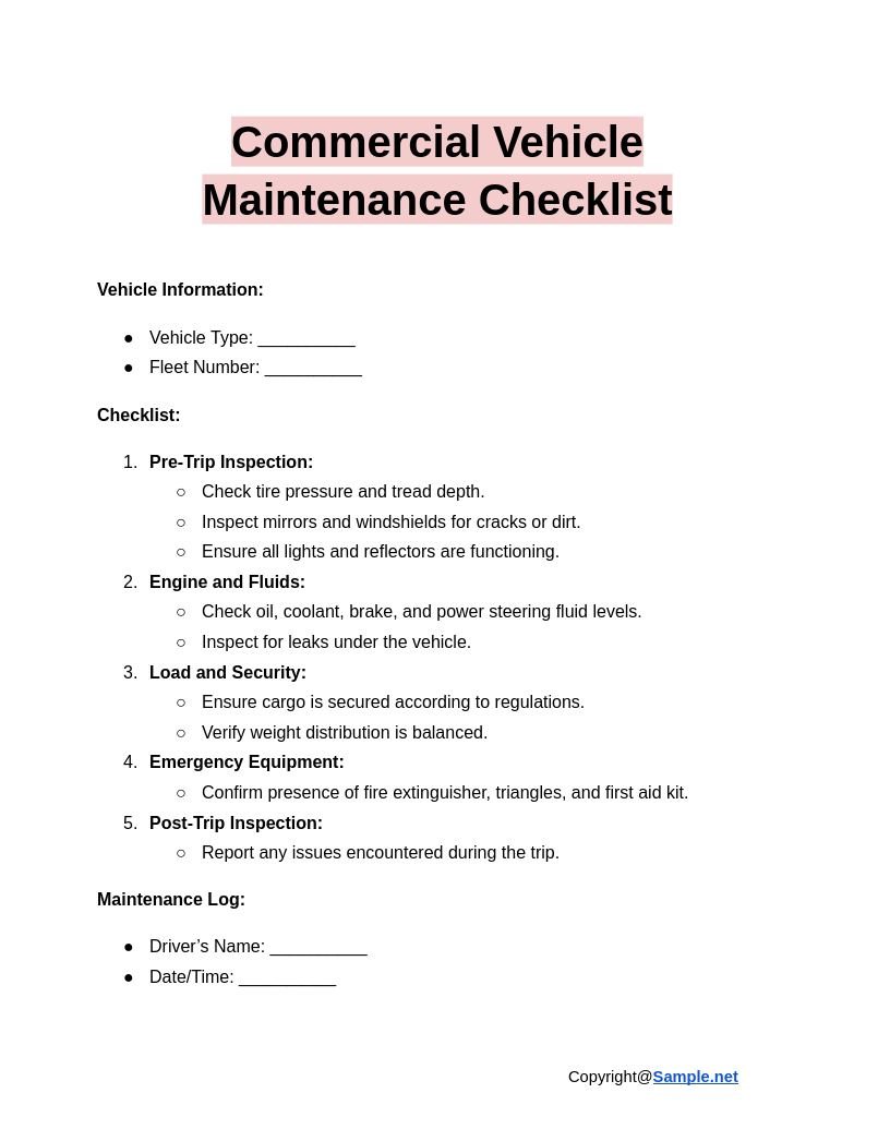 Commercial Vehicle Maintenance Checklist Google Docs 12 26 2024 04 11 PM