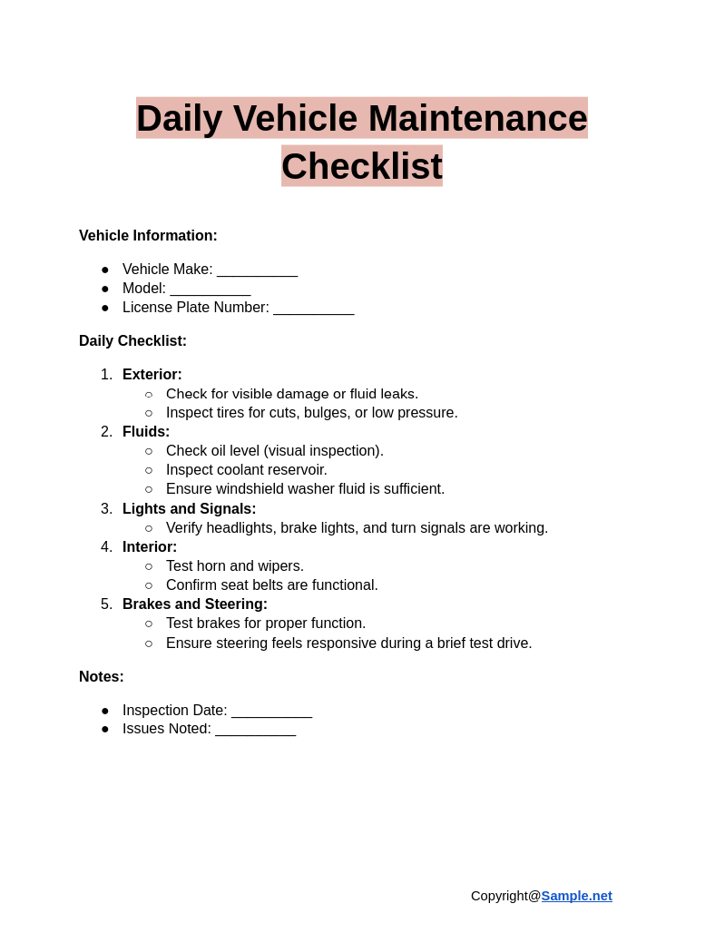 Daily Vehicle Maintenance Checklist Google Docs 12 26 2024 04 10 PM