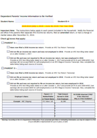 Dependent Parents’ Income Information Letter Template