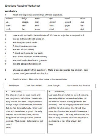 Emotions Reading Worksheet