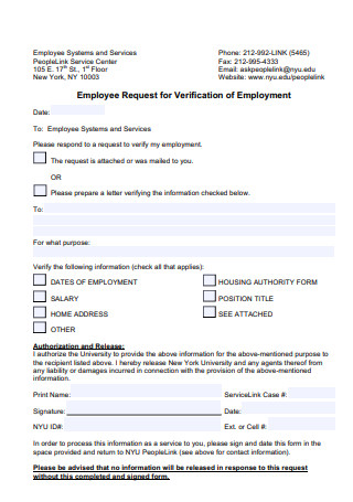 Employee Request for Verification of Employment Letter