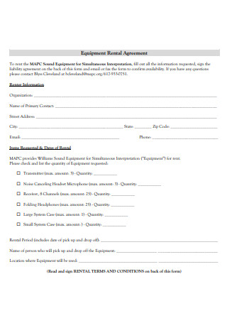 Equipment Rental Agreement Letter
