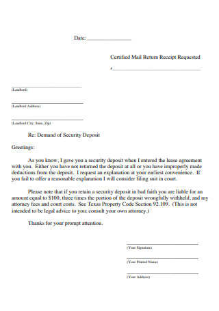 Formal Security Deposit Demand Letter Template
