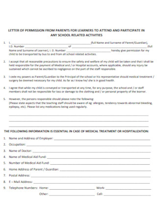 Letter of Parents Permission for School Activities Template