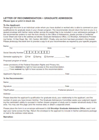 Letter of Recommedation for Graduation School Admission Template