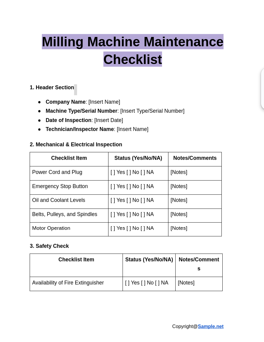 Milling Machine Maintenance Checklist Google Docs 12 11 2024 04 36 PM