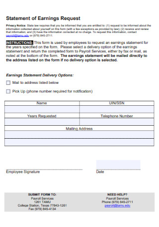Payroll Service Statement of Earning Template