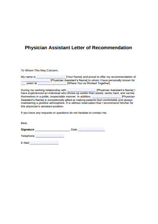 Physician Assistant Letter of Recommendation