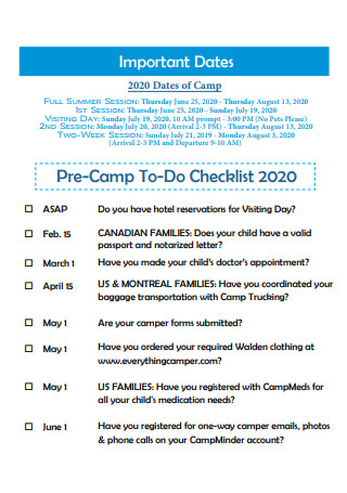 Pre Camp To Do Checklist