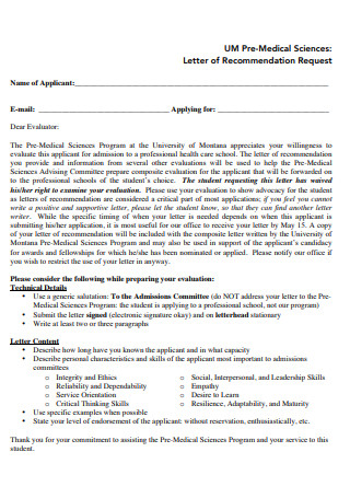 Pre Medical Sciences Letter of Recommendation Template