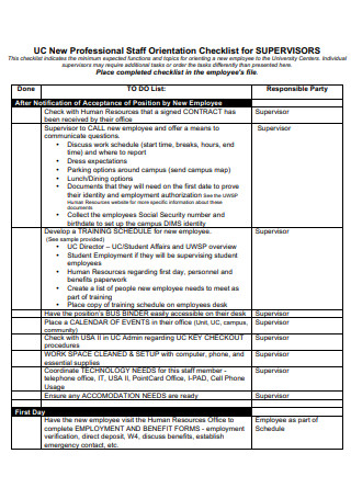 Professional Staff Orientation Checklist for Supervisors Template
