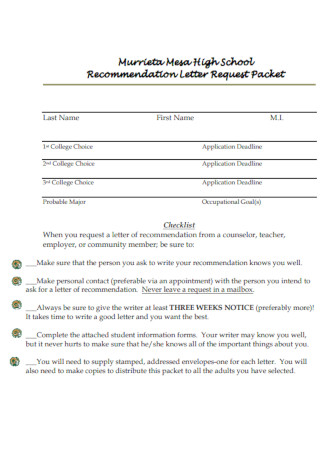 Recommendation Letter Request Packet