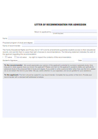 Recommendation Letter for Admission Template