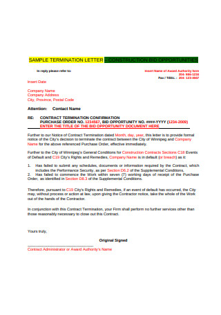 Sample Construction Contract Termination Letter Template