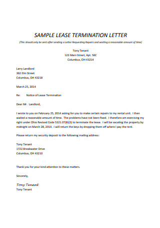 Sample Contract Lease Terrmination Letter