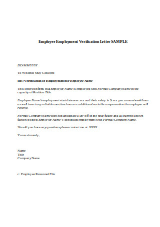 Sample Employee Employment Verification Letter