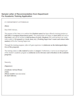 Sample Letter of Recommendation For Academic Training Application Template