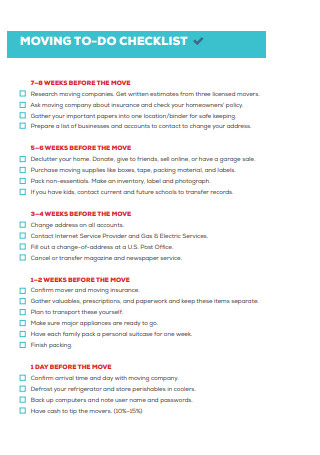 Sample Moving To Do Checklist Template