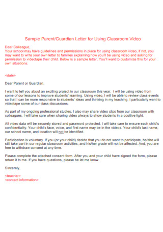 Sample Parent Guardian Letter for Using Classroom Video