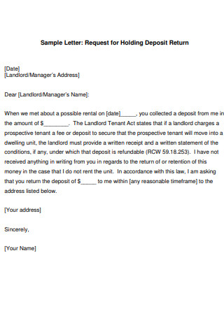Sample Request for Holding Deposit Return Letter
