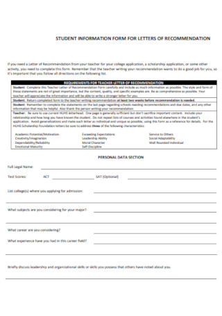 Student Information form Recommendation Letter