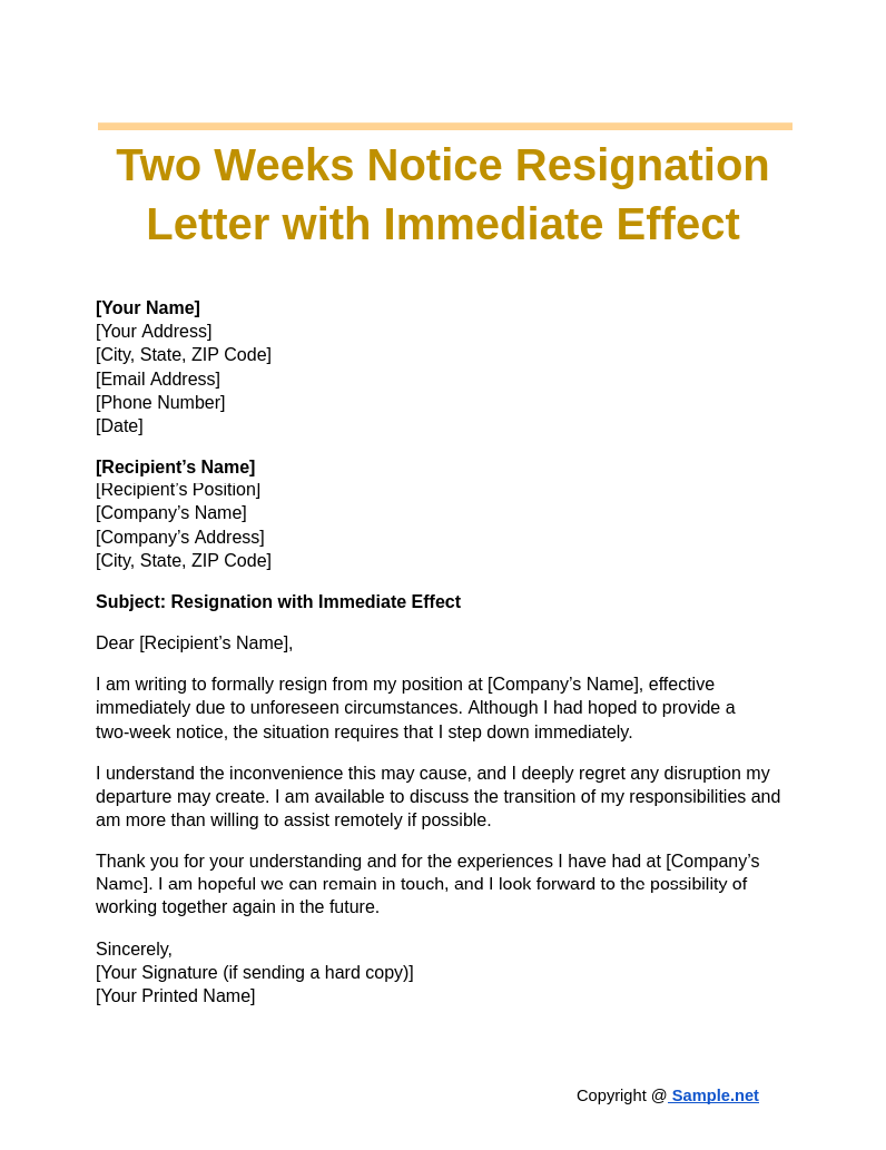 Two Weeks Notice Resignation Letter with Immediate Effect Google Docs 11 01 2024 04 21 PM