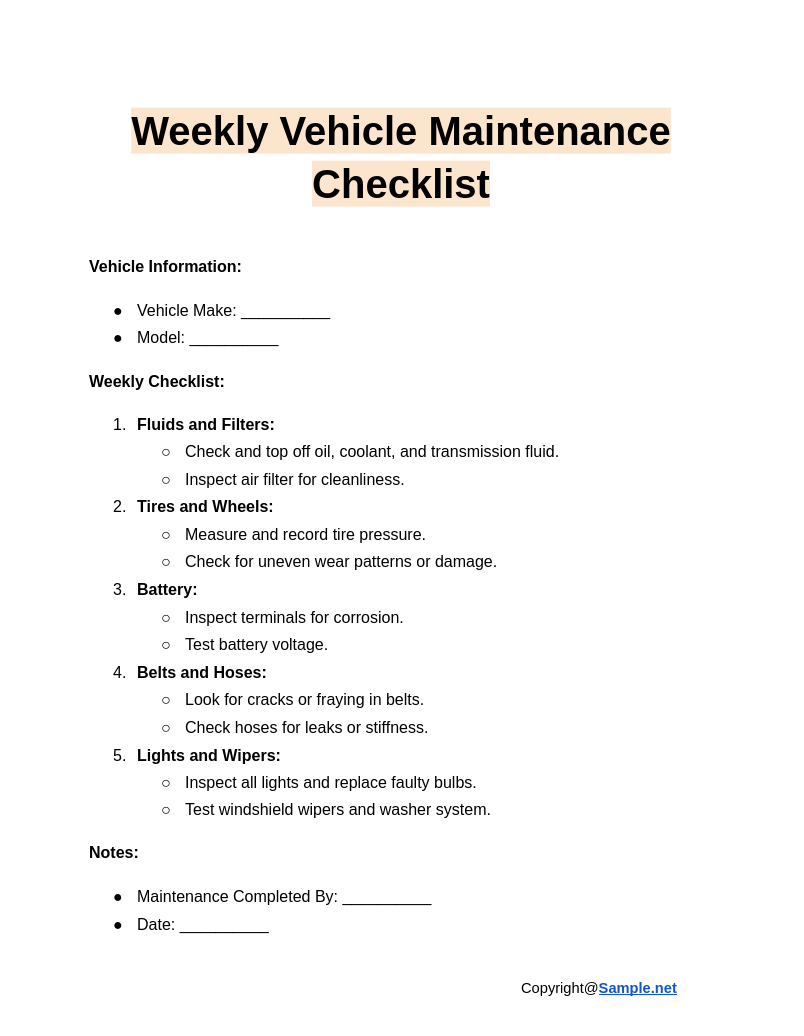 Weekly Vehicle Maintenance Checklist Google Docs 12 26 2024 04 11 PM