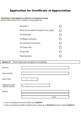 Application for Certificate of Appreciation