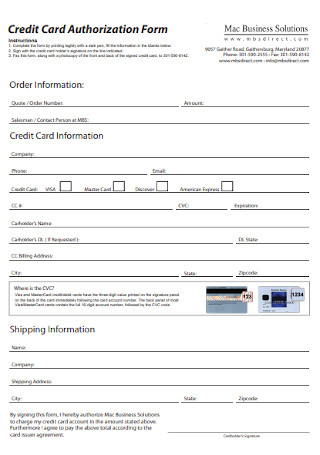Buainess Credit Card Authorization Form