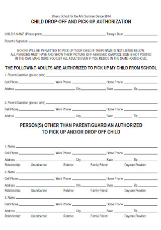 Child Drop Off and Pick Up Authorization Letter