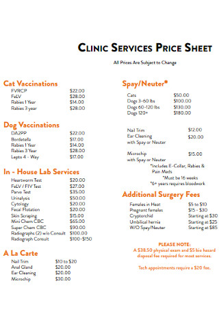 Clinic Service Price Sheet Template