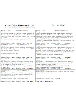College Fitness and Activity Log