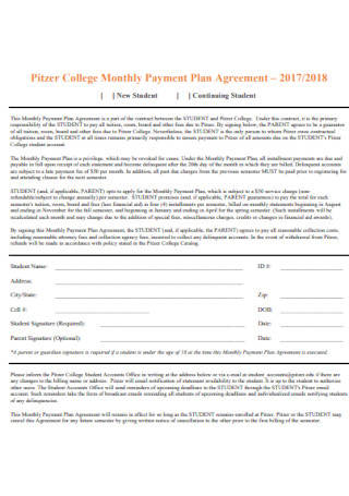 College Monthly Payment Plan Agreement