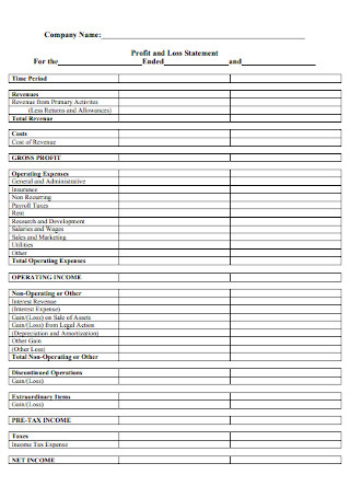 Company Profit and Loss Statement Template