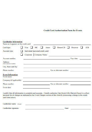 Credit Card Authorization Form for Events 