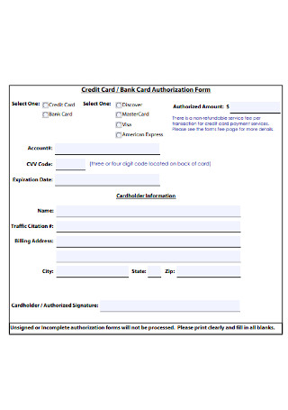 Credit Card and Bank Card Authorization Form