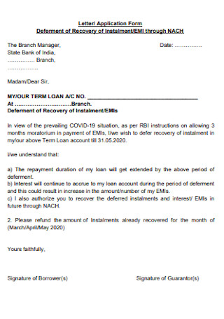 Debt Deferment of Recovery Letter