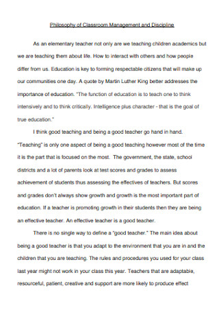 Formal Philosophy of Classroom Management and Discipline Template