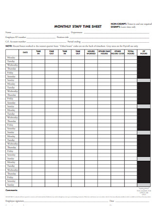 Monthly Staff Timesheet Template