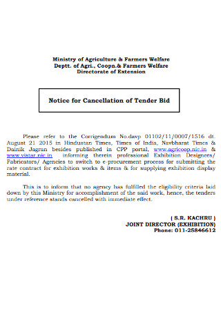 Notice for Cancellation of Tender Bid Template