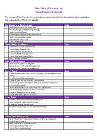 Office of Student Life Event Planning Checklist